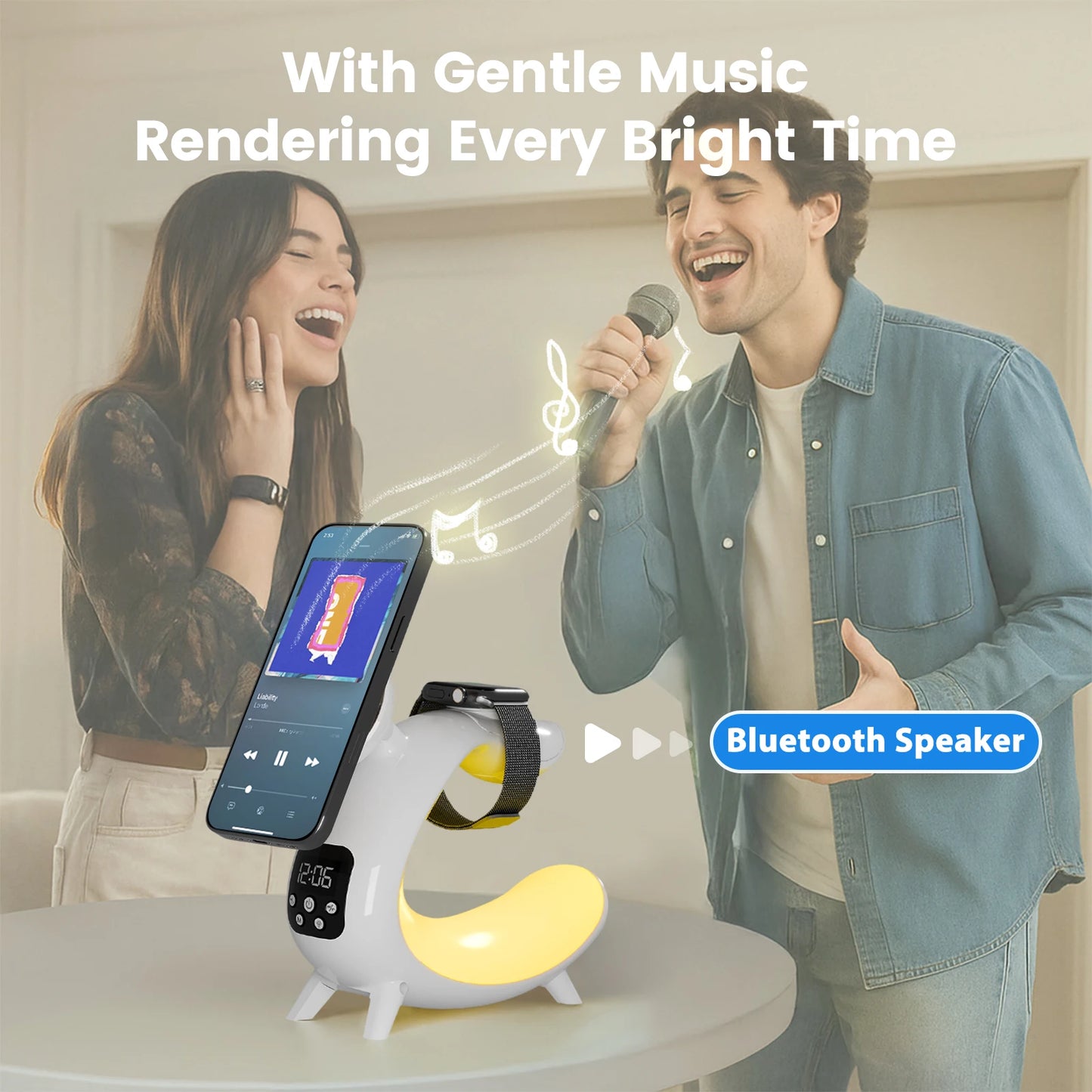 Magnetic Wireless Charger 6 in 1 Multifunction Stand Speaker Bluetooth Clock Colorful Nightlights for iPhone 17 16 15 Samsung