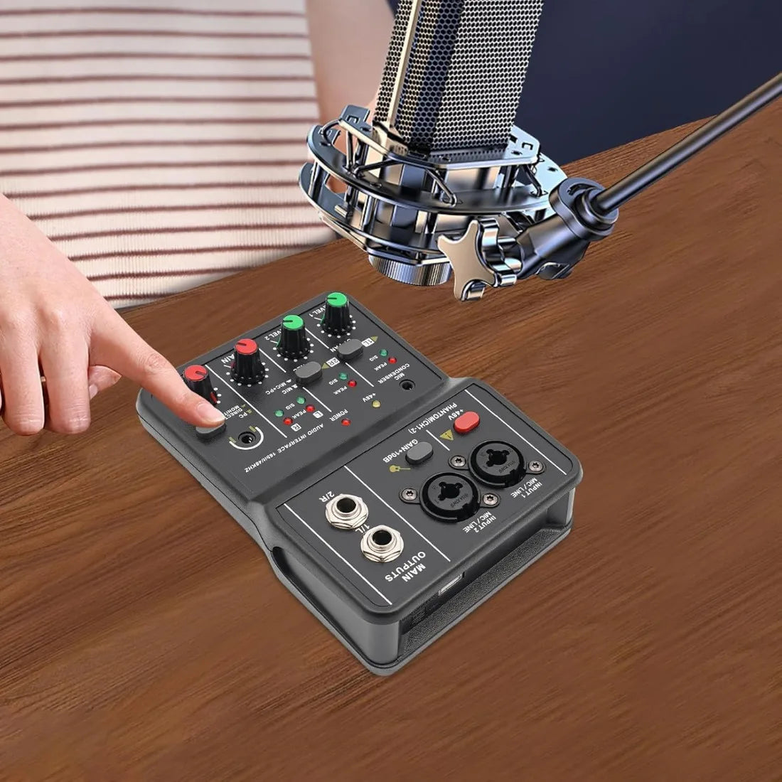 2-Channel Compact Audio Mixer with 48V Phantom Power Portable Sound Board for Karaoke/Recording/Live (3.9x5.5x1.7in, 0.48lbs)