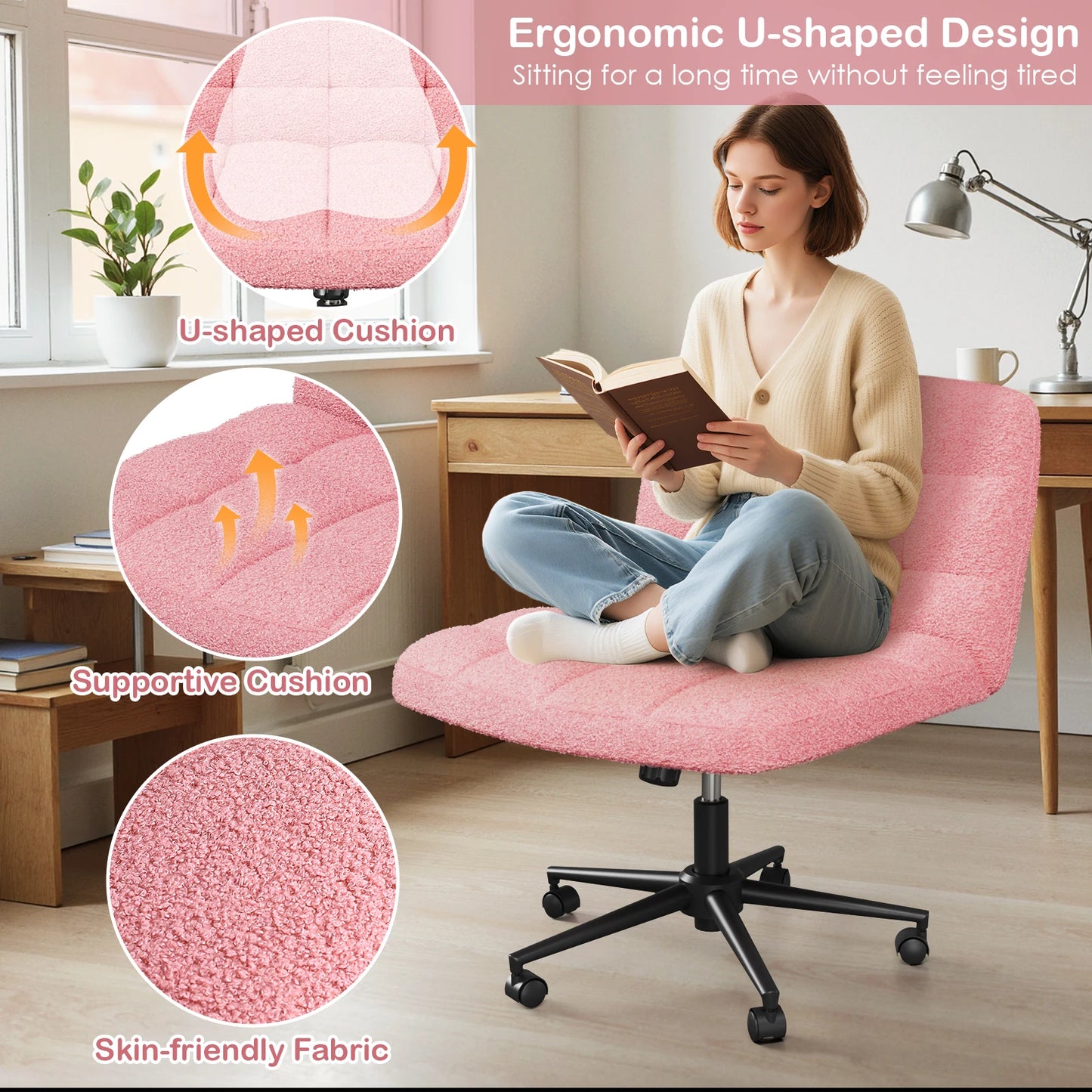 Criss Cross Legged Chair,Wide Comfy Office Desk Chair,Dual-Use with Wheels Computer Task Chair,Swivel Armless Vanity Rolling