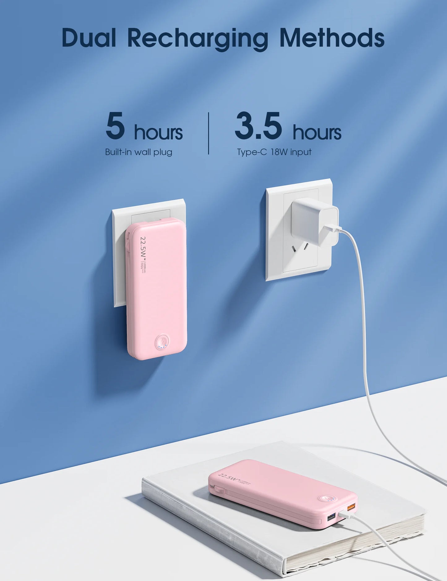 （Pink）Portable 12000mAh AC Wall Charger Power Bank with Built-in Cables,USB-C Fast Charging,Ultra-Slim Design,Travel Essential