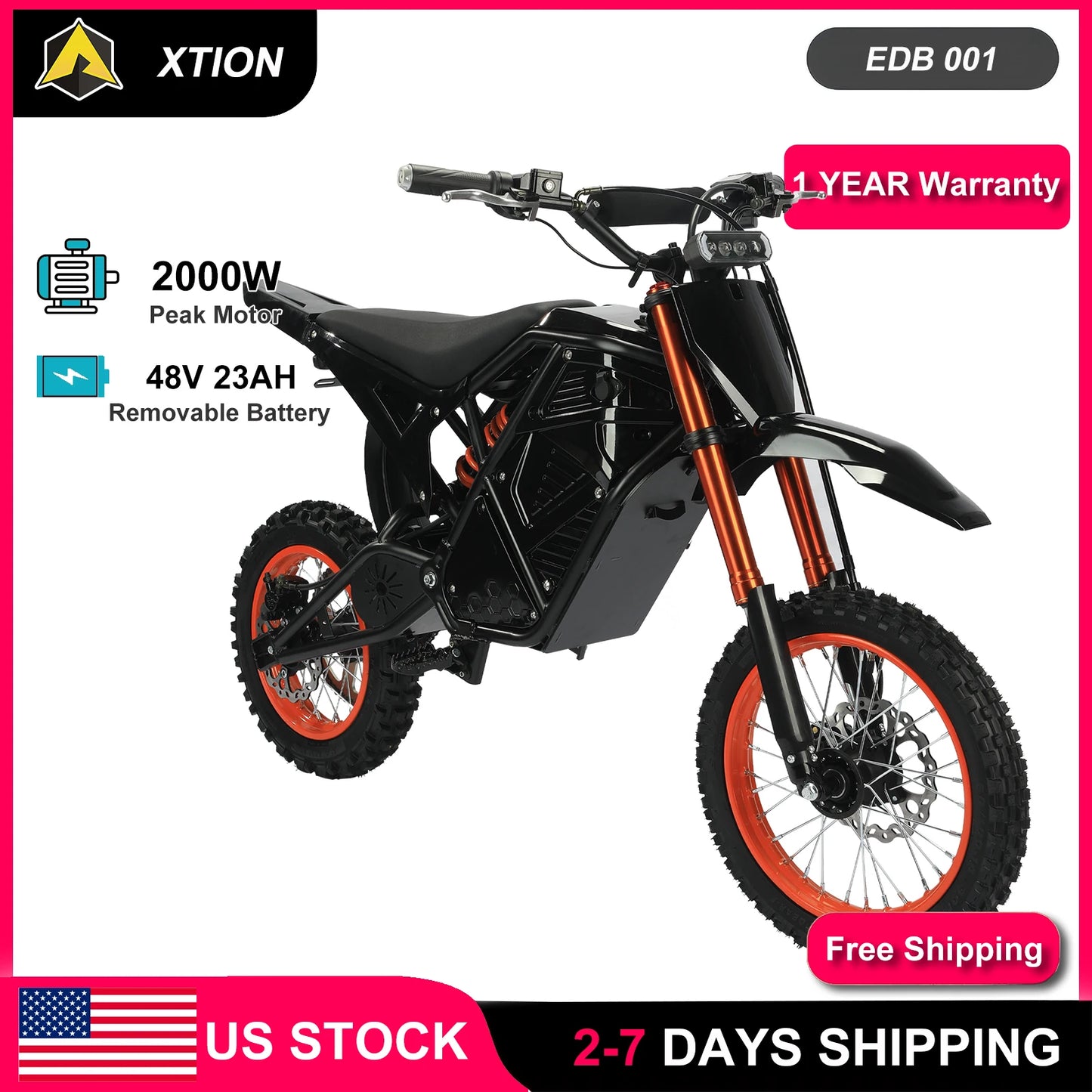 1 YEAR Warranty 2000W Electric Dirt Bike for Teens & Adults, EBike, 48V Removable Battery E Bikes, 14"/12" Fat Tires Bicycle