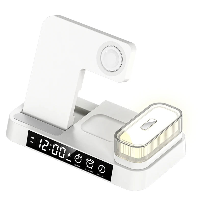 Multi-Function White Wireless Charging Dock with Time Display Alarm Clock And Nightlight Wireless Charger for Samsung Phones