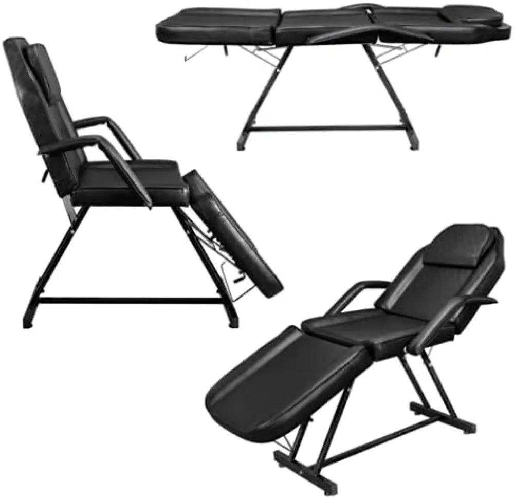 Hydraulic Adjustable 3-Section Salon Spa Massage Tattoo Chair Bed with Stool, Black Beauty Equipment