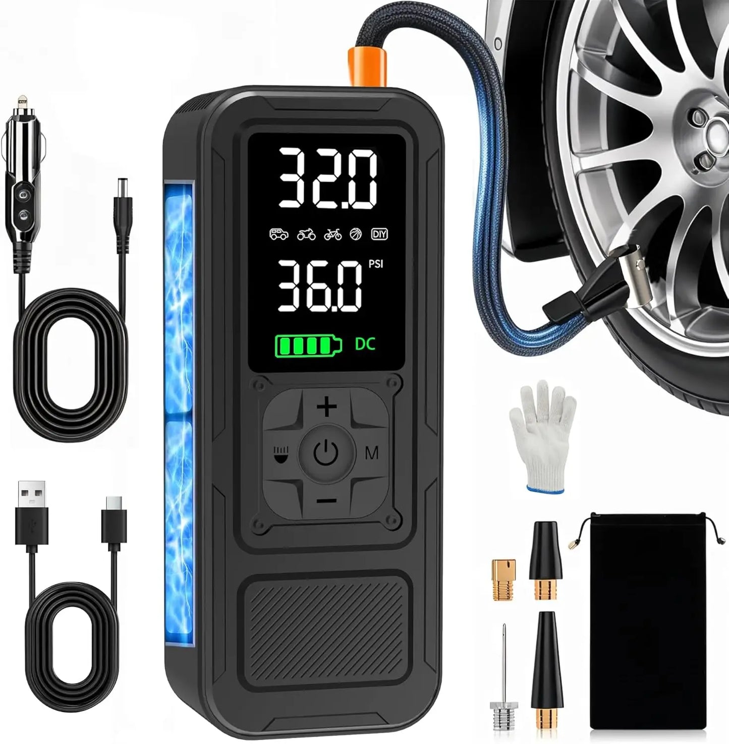 Y34 Portable Air Compressor, 4X Faster Inflation, 6000mAh, 150PSI with Digital Gauge & LED Light for Car, Motorcycle, Bike