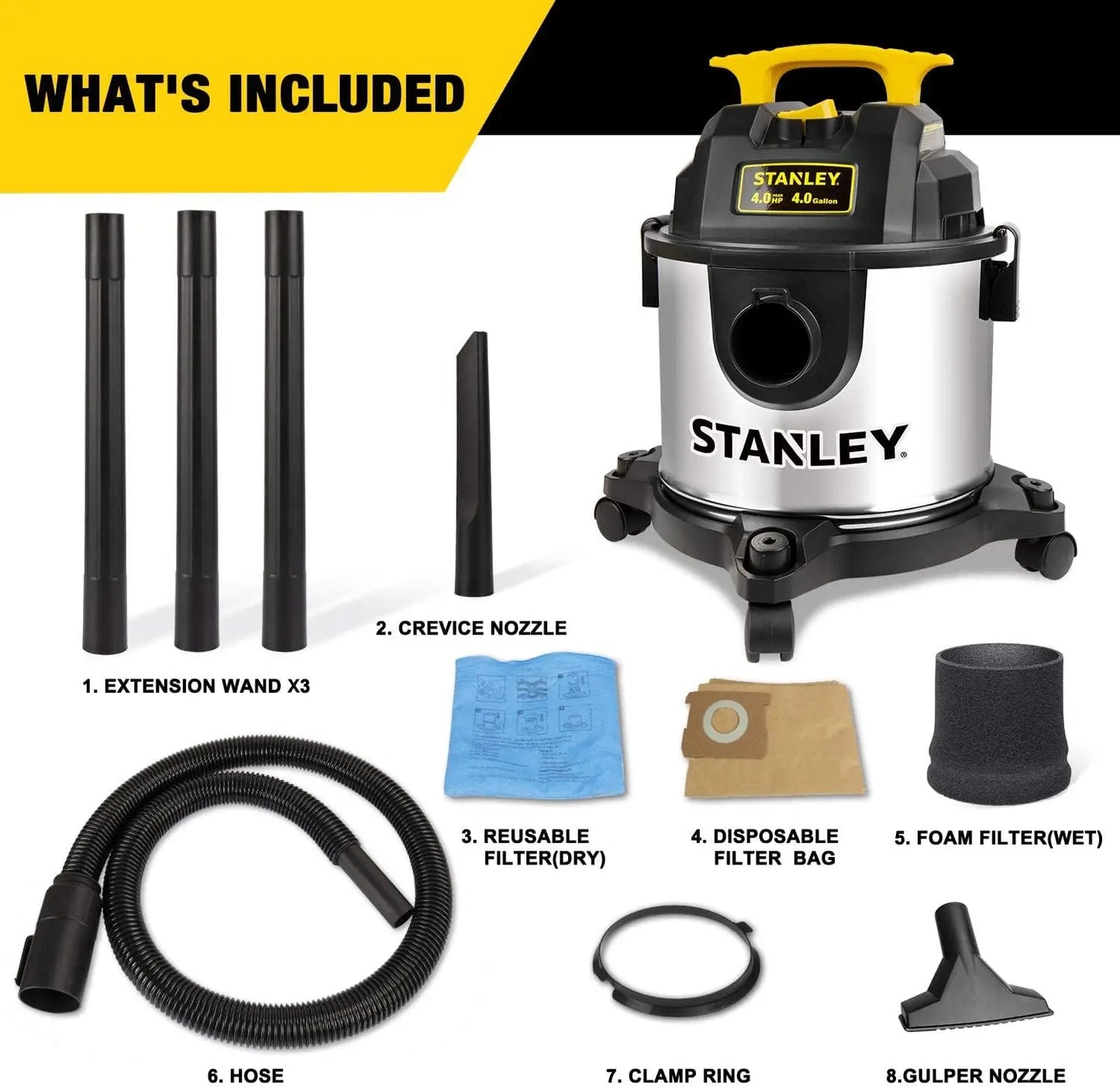 4 Gallon Wet Dry Vacuum, 4 Peak HP Stainless Steel 3-in-1 Shop Vac with Powerful Suction for Garage, Workshop, and Job Site