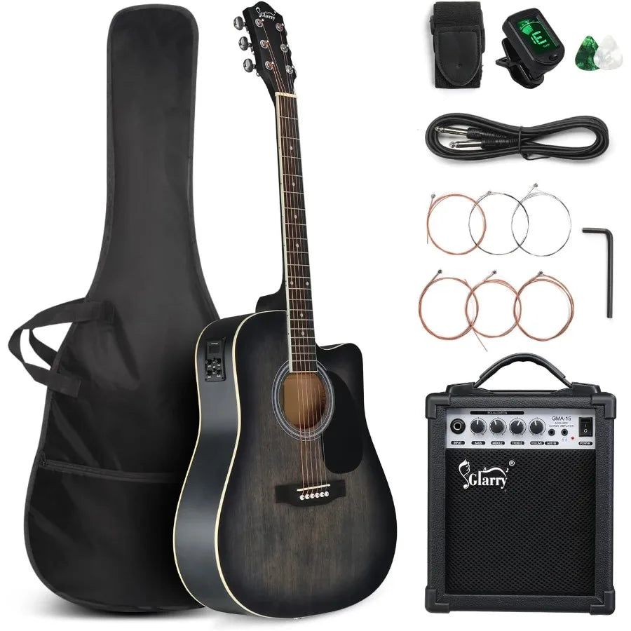 Full Size 6 Strings Acoustic Electric Guitar Beginner Kit w/ 15W Amp Cutaway 41 Inch Electric Acoustic Guitar w/Inbuilt