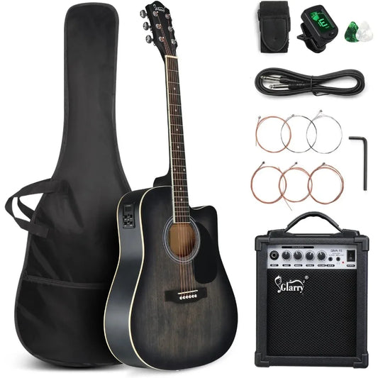 Full Size 6 Strings Acoustic Electric Guitar Beginner Kit w/ 15W Amp Cutaway 41 Inch Electric Acoustic Guitar w/Inbuilt