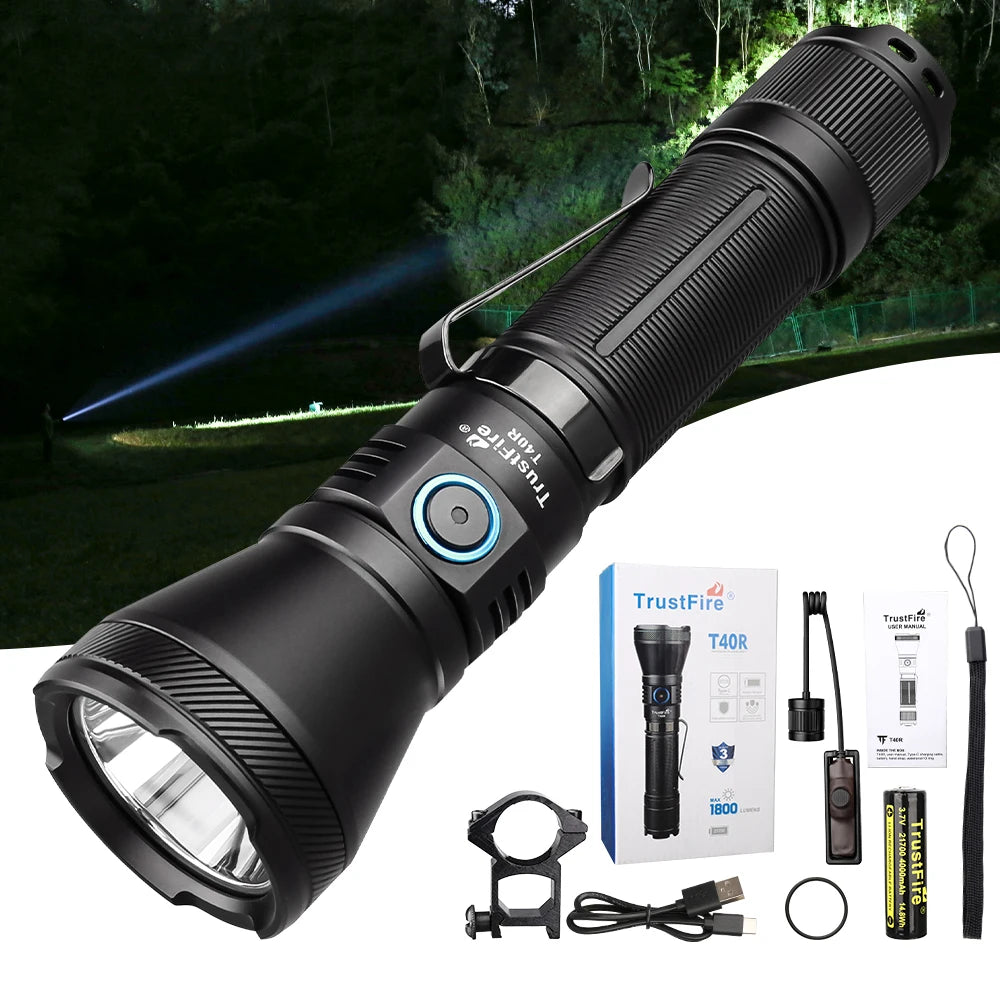 Trustfire T40R Army Tactical Led Flashlight 1800lumen 550meter Rechargeable 18650 Lamp With Usb Charging Self-Defense Ip68 Torch