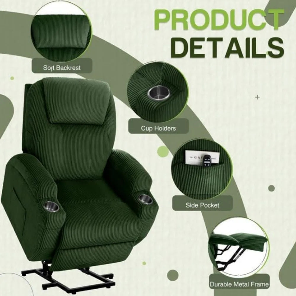Massage Electric Power Lift Recliner Chair for Seniors with Corduroy Fabric, Cup Holders and Side Pockets