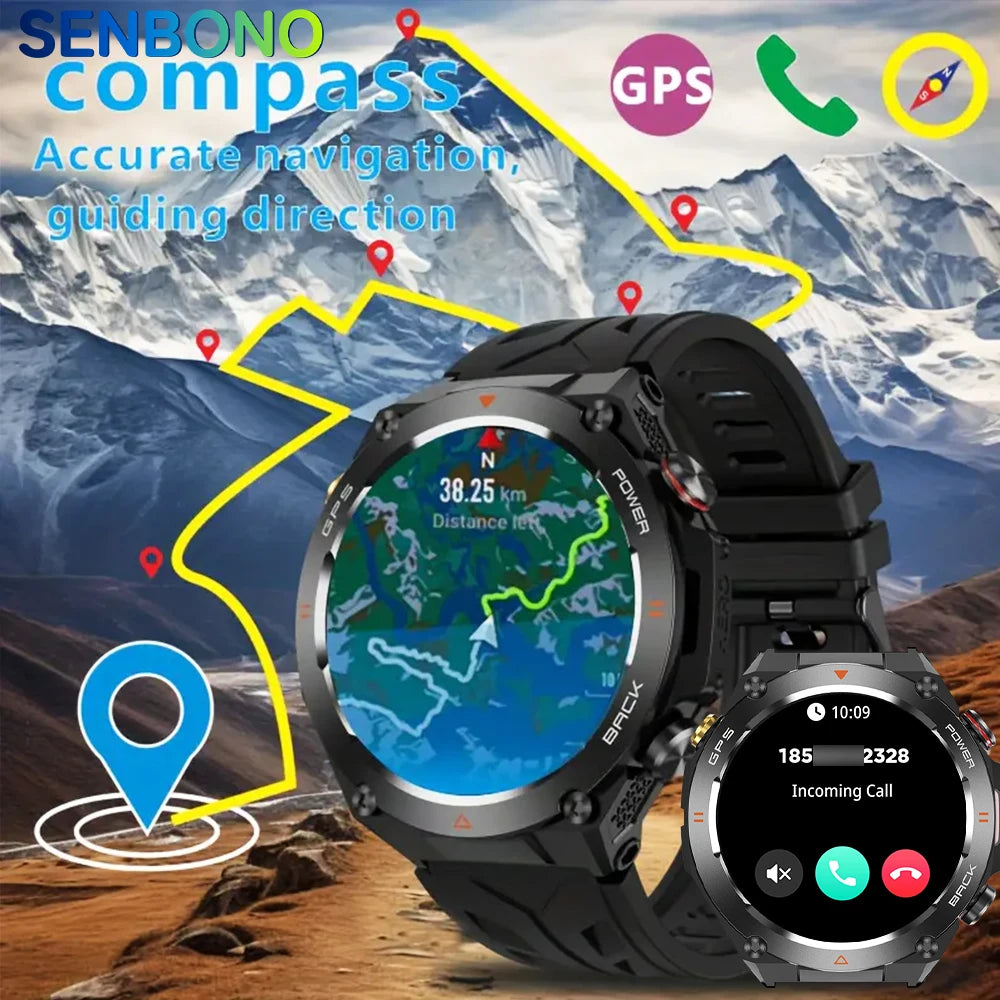 SENBONO New GPS Smart Watch 1.45” HD  Display Built-in GPS Bluetooth Phone Call 1ATM Waterpro Military Sports Smartwatch for Men