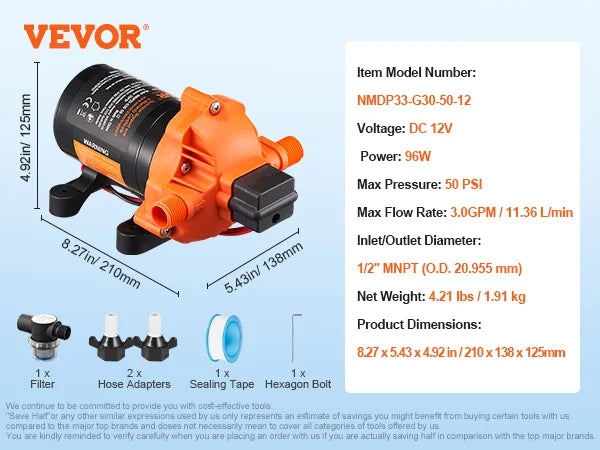 VEVOR 12V Diaphragm Pump 1.8/3/3.5/5 GPM 3/4/5-Chamber 40-100 PSI Adjustable 1/2'' MNPT Port for RV Yacht Food Truck Camper
