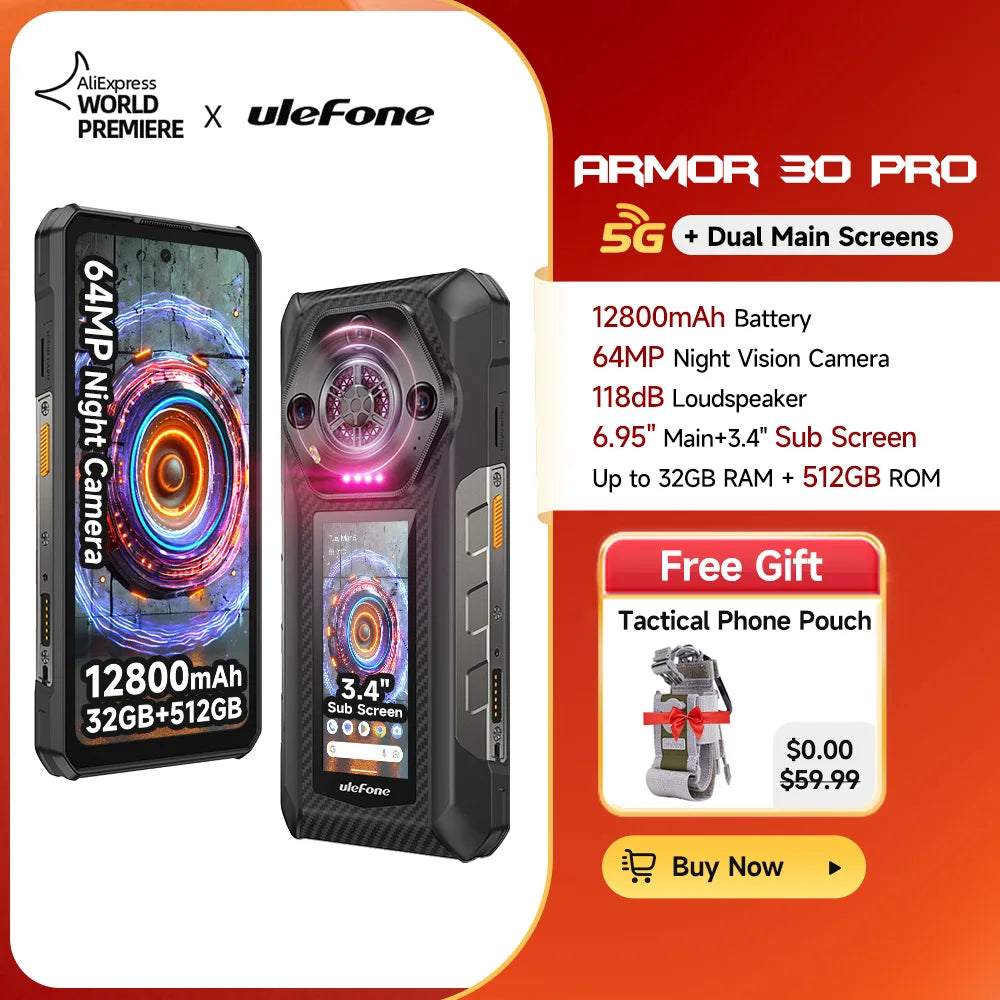 Ulefone Armor 30 Pro 5G Rugged Phone Android 14 Smartphone 6.9" 120Hz 32GB+512GB 12800mAh Night Camera 64MP NFC 66W