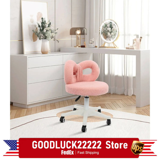 Vanity Chair, Pink Fluffy Boucle Swivel Desk Chair with Sturdy Iron Frame, High-Resilience Sponge Padding, Durable Makeup Stool