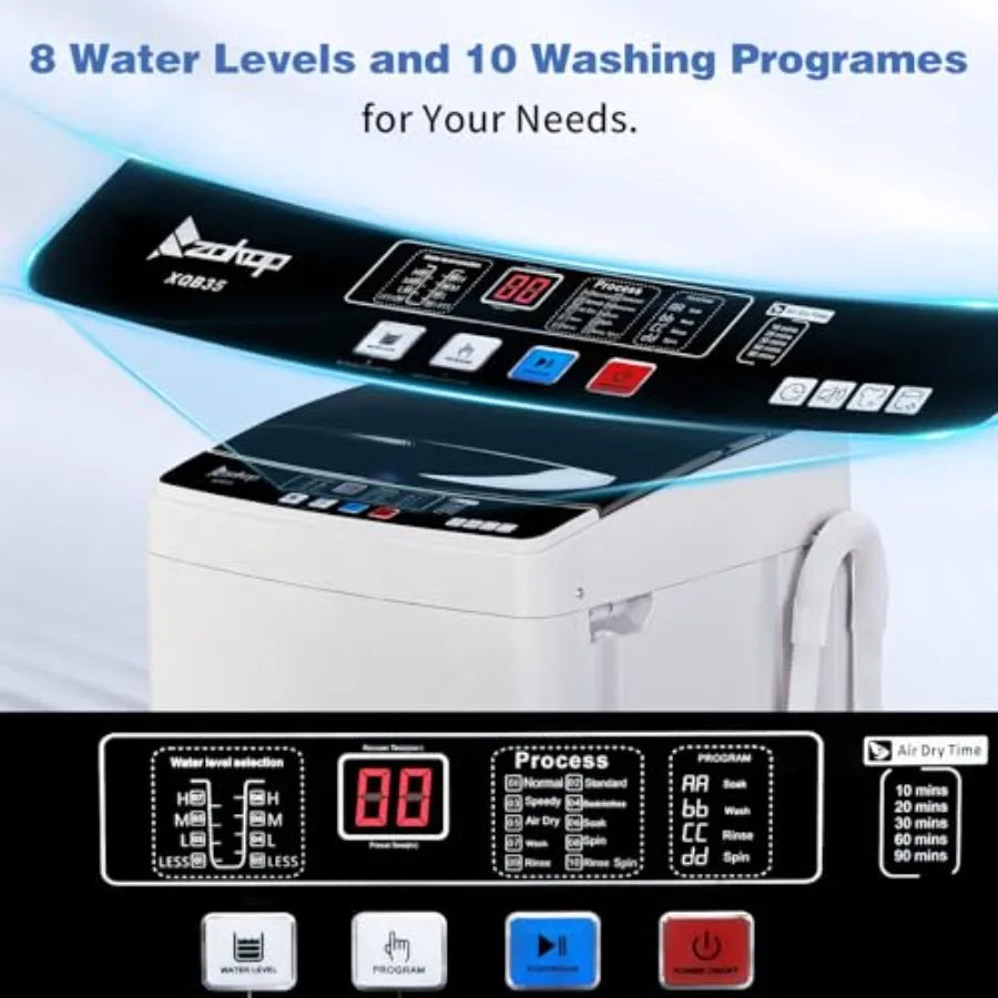 2 in 1 Full Automatic Washing Machine 15.6Lbs Top Load Portable Washer with Drain Pump 10 Wash Programs 8 Water Level Washer an