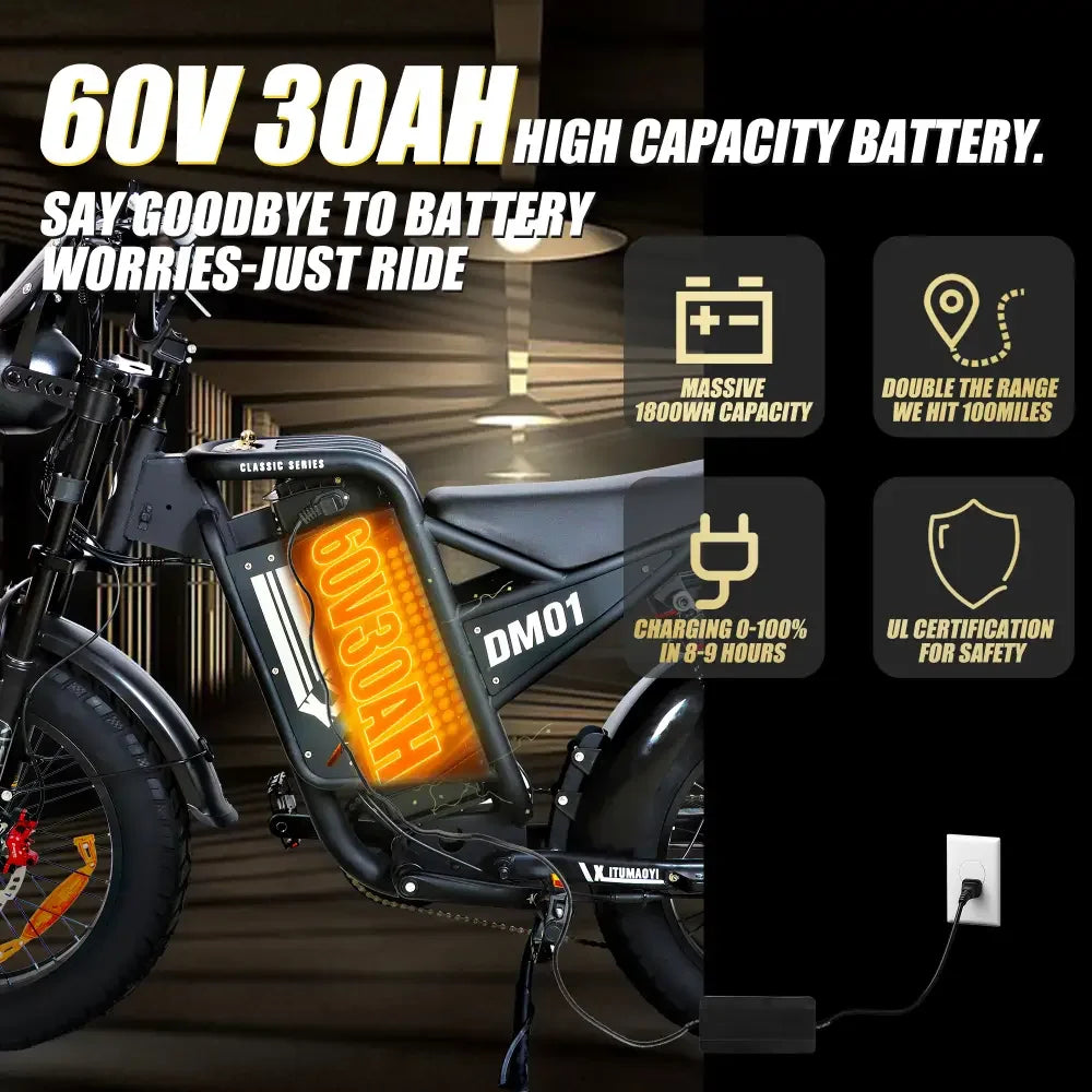 BAOLUJIE DM01 Motor Electric Bicycle，E-Bike Motorcycle for Adults，60V 30AH Lithium Battery，42 MPH Electric Bike【1 Year Warranty】