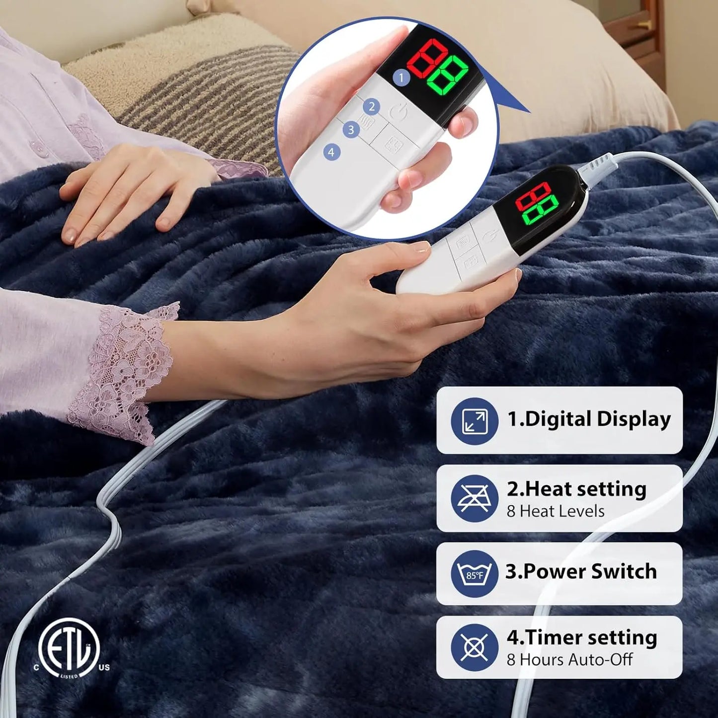 Electric Heated Throw Blanket with 8 Heating Levels, Auto Off, Overheat Protection, Washable Blue