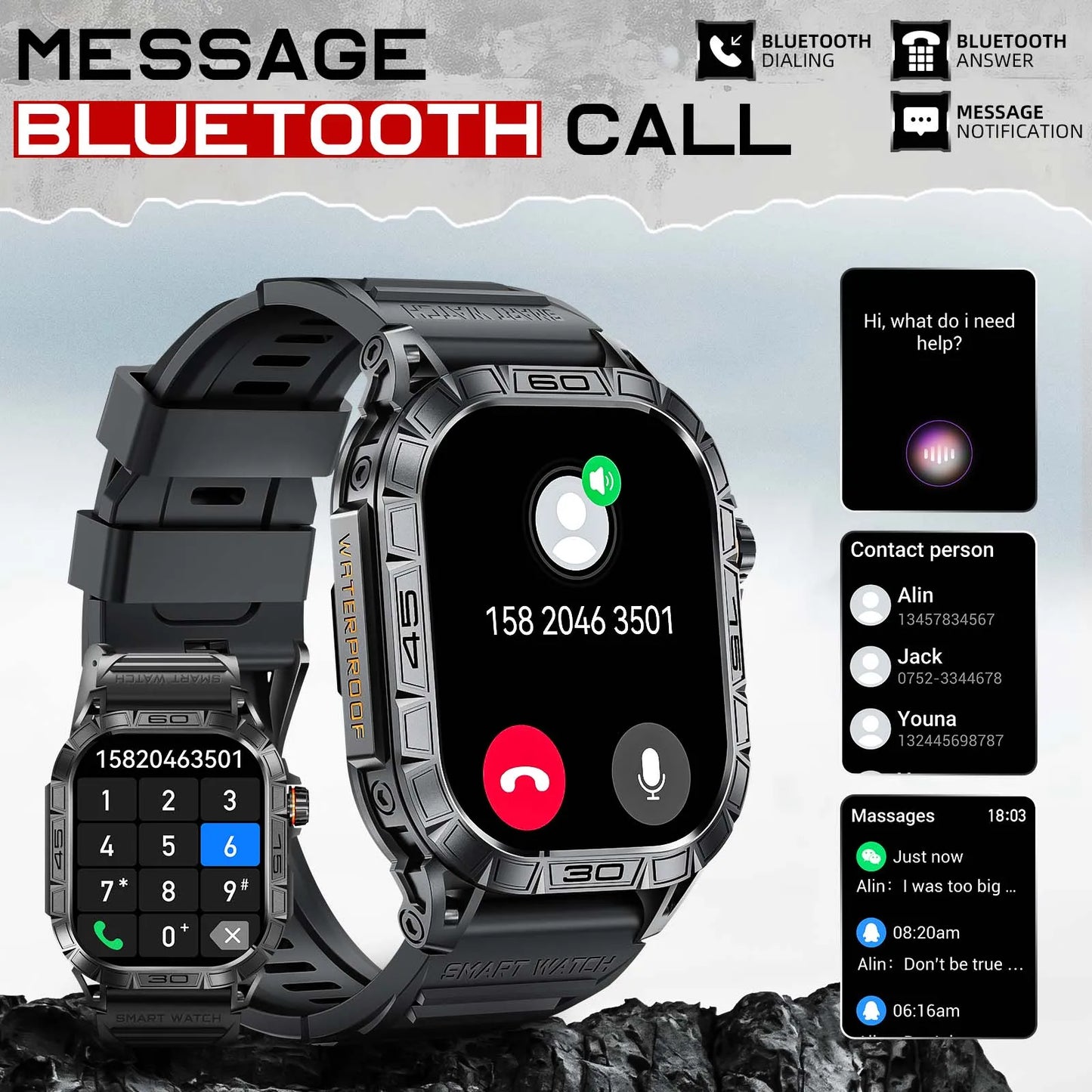LaNikar New Smart Watch ED Display 100+ Sport Mode With Compass IP68 Waterproof Bluetooth Call Heart Rate Blood Pressure Men K63