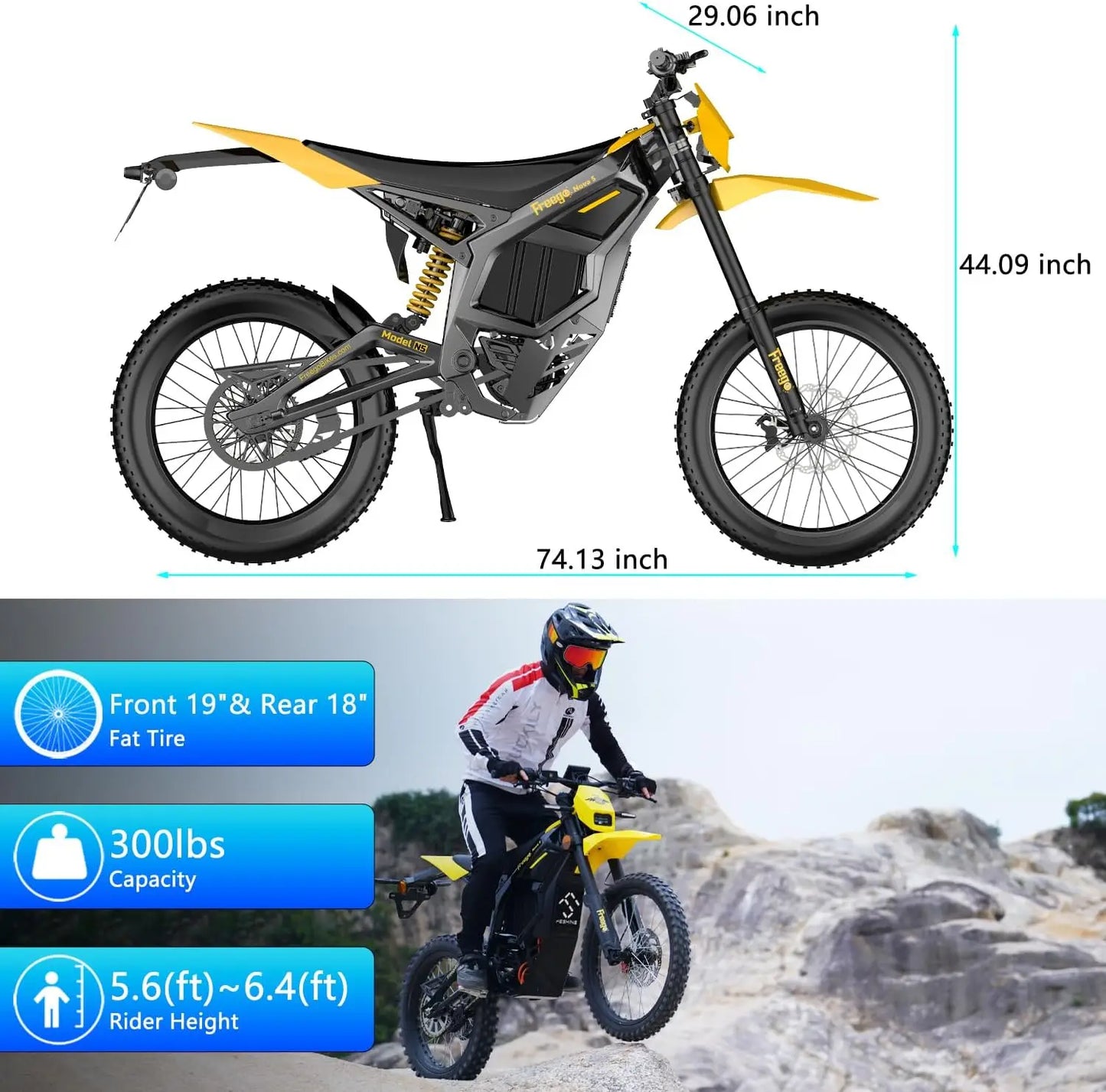 Freego Nova 5 Electric Dirt Bike Mid-Drive Motor 72V/40AH/8000W 53MPH Electric Motorcycle Bike Hydraulic Brakes Off-Road Bike