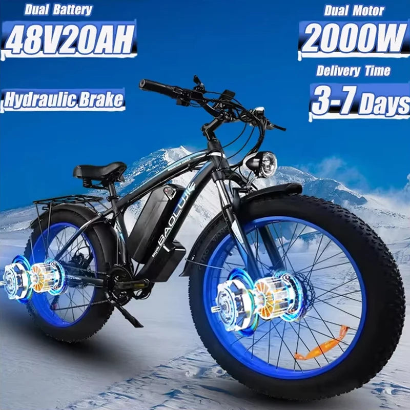 Electric Bike 2000W Dual Motor 48V20AH Lithium Battery 21 Speed E-bike Hydraulic Brake 26*4 Inch Fat Tire Snow Electric Bicycle