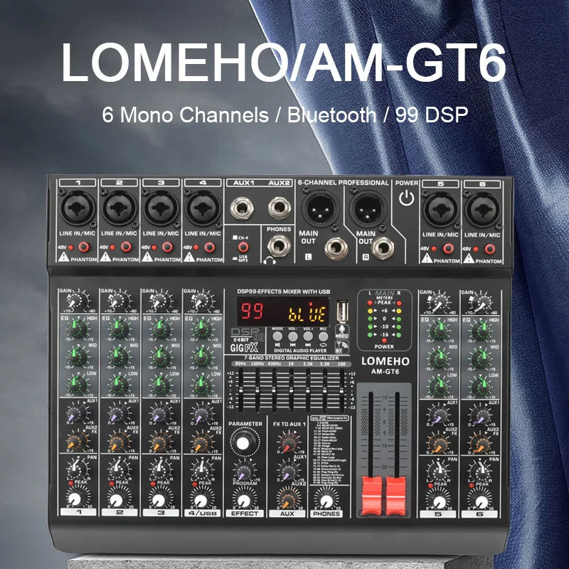 Lomeho 6 Channel Mixing Console Mono 99 Digital Effect USB Sound Card dj Mixer Bluetooth 48V 2 AUX Dj Karaoke Audio Table AM-GT6