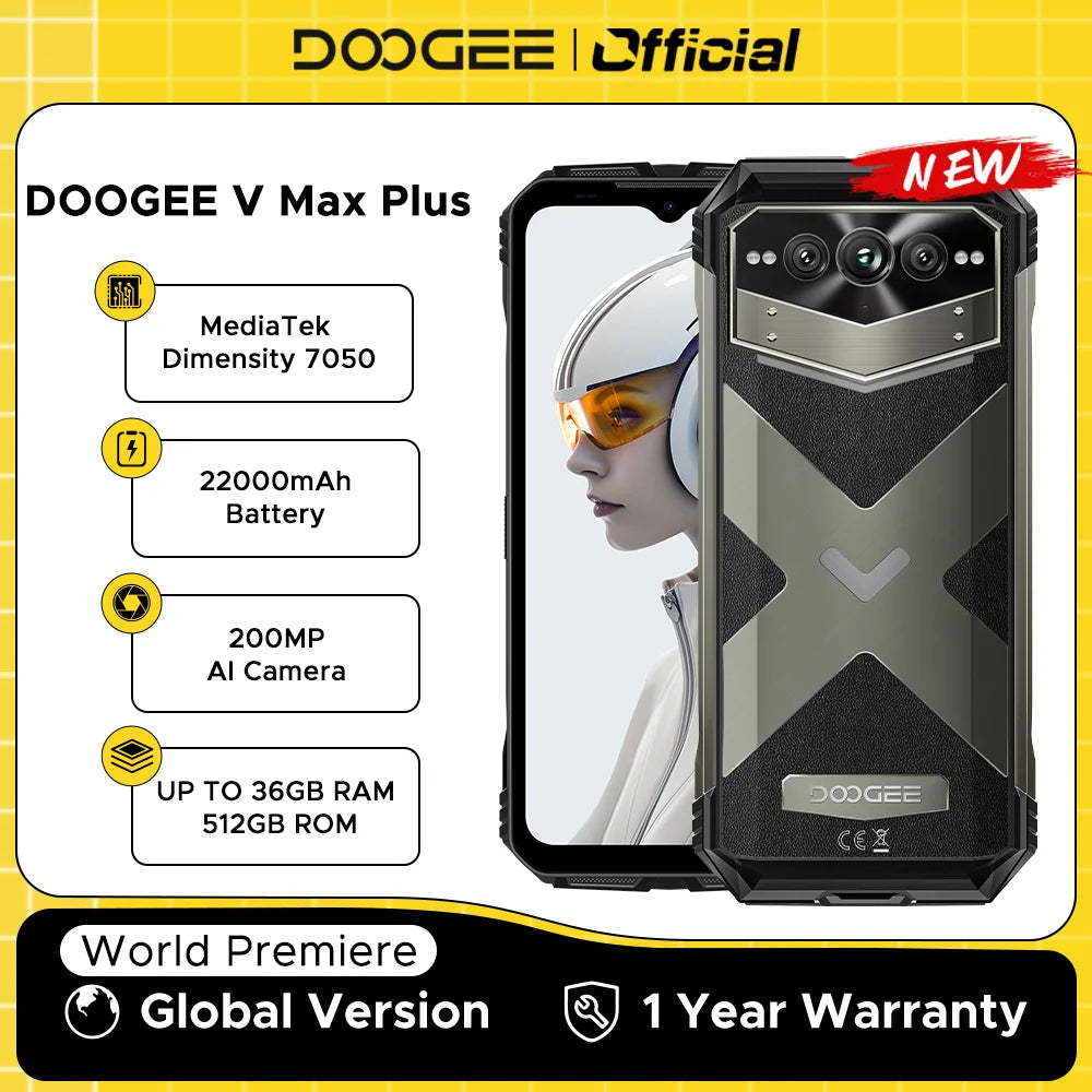 DOOGEE V Max Plus 5G Rugged Phone 6.58" Dimensity 7050 16GB+512GB 200MP Camera 22000mAh Large Battery Lighting Effect Phone