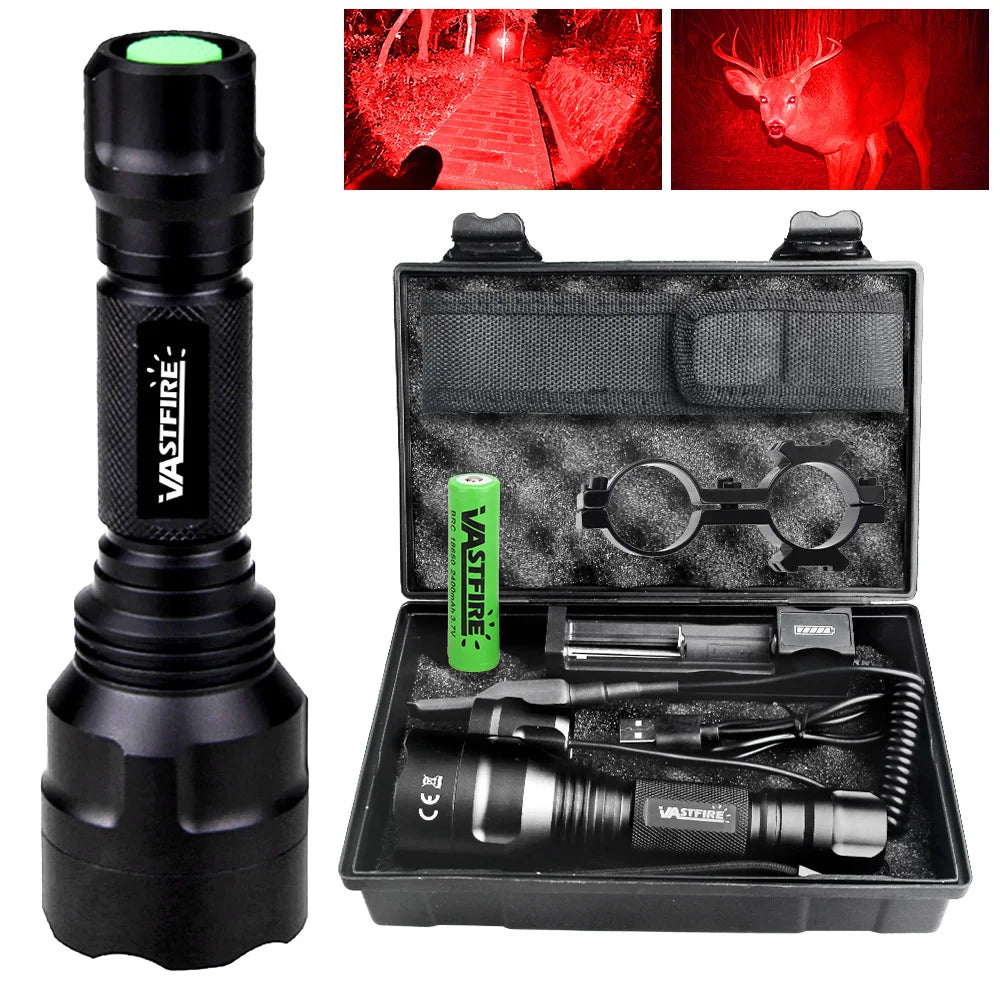 Tactical Hunting Flashlight White/Green/Red Light Torch LED Rifle Lantern+Pressure Switch+Rail Scope Mount+18650+USB Charger