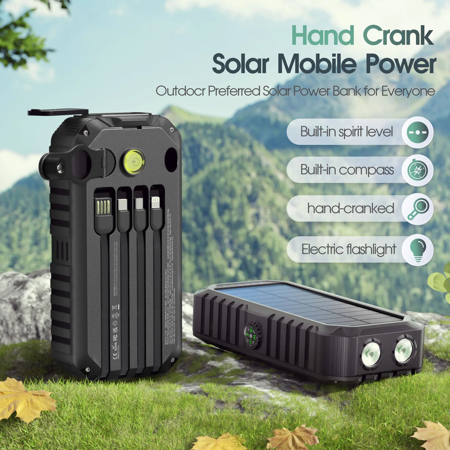 40,000mAh Solar Power Bank with Hand Crank & 4 Cables,Dual UsB/Type-C Fast Charging, Bright LED Light, Built-inCompass & Leveler