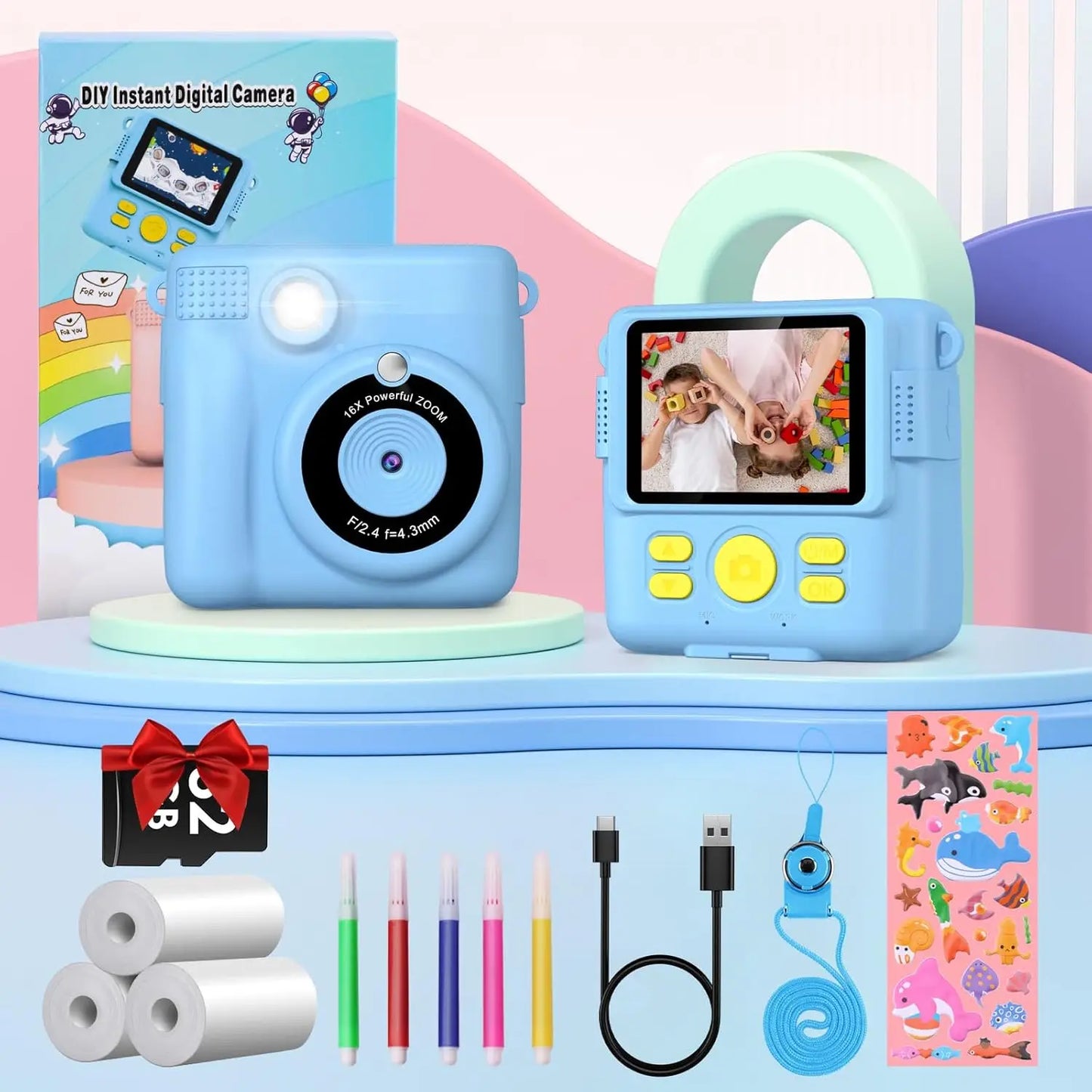 Gofunly Children's Instant Print Camera Thermal Printing Digital Camera 2.4" 1080P Camera Toy For 6-12 Years