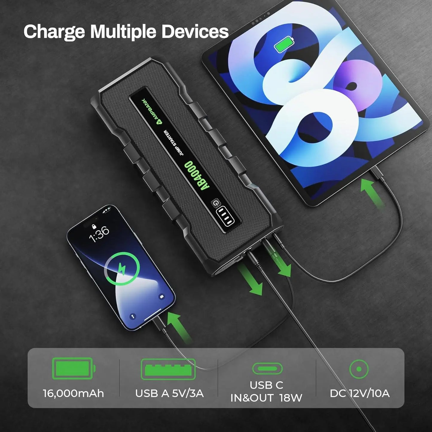 AMPBANK AB4000 Car Jump Starter 24000mAh Booster Power Bank Battery Charger Portable 12V 4000A Booster Pack