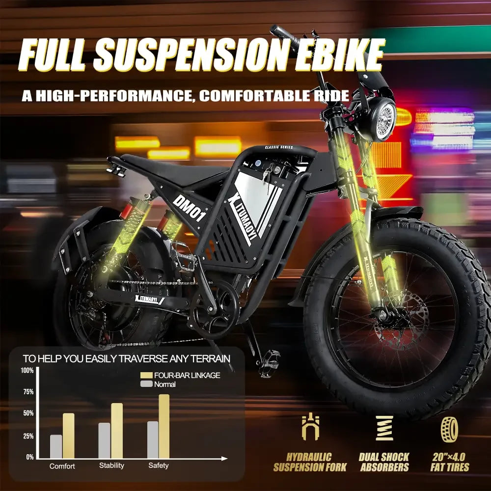 BAOLUJIE DM01 Motor Electric Bicycle，E-Bike Motorcycle for Adults，60V 30AH Lithium Battery，42 MPH Electric Bike【1 Year Warranty】