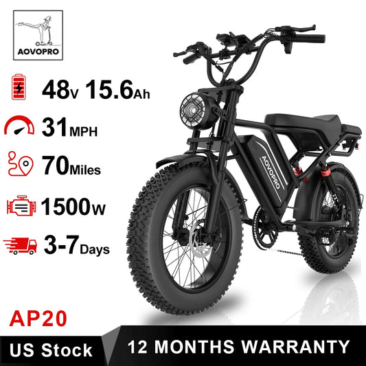 AOVOPRO AP20 Electric Bike 1500W 20" Fat Tire 31mph Top Speed 70 Miles Range for Road Sand Mountain Snow Electric Motorcycle