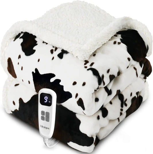 Cow Print Electric Heated Throw Blanket with 10 Heat Levels, Auto Off, Washable Fleece Sherpa, 50x60 Inches