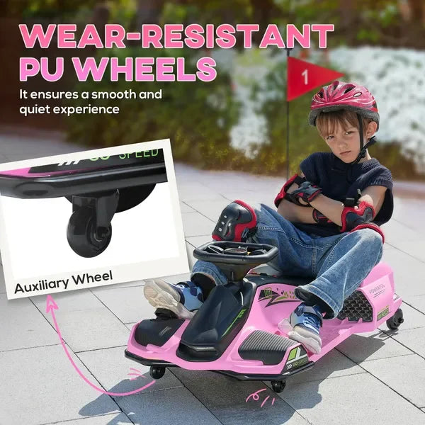 12V Electric Go Kart, 5 MPH Drifting Car, Battery Powered Ride-on Toy with Music & Lights, Pink, for 8-12 Years Old