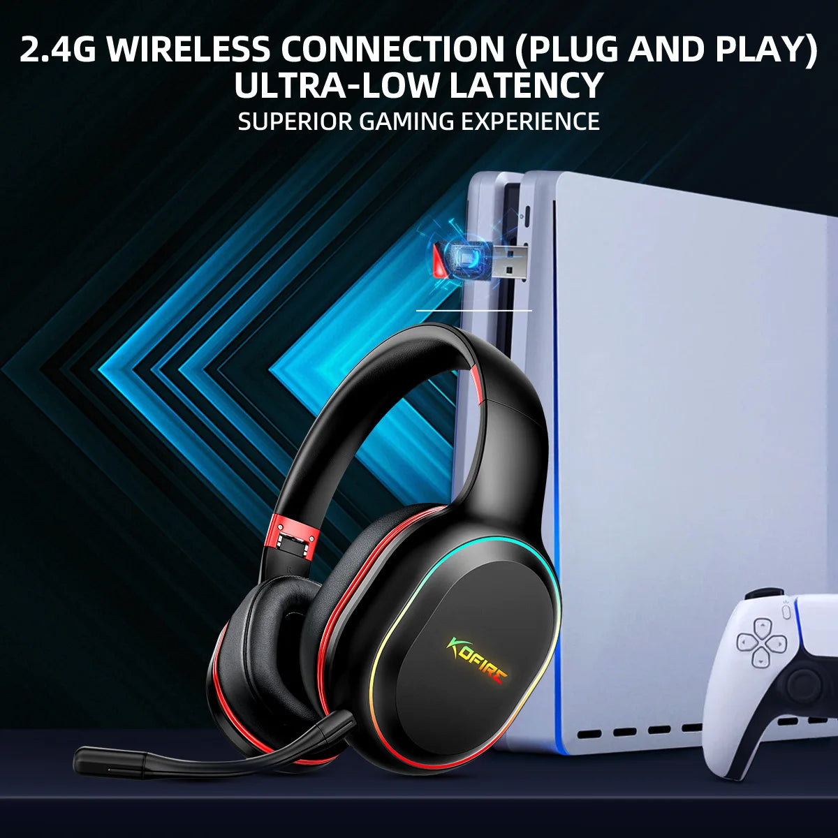 Kofire UG-05 Gaming Headphones 2.4G BT5.0 Wireless Headset With Mic RBG Light Vibration Bluetooth Earphone For PS4 PS5 PC Switch