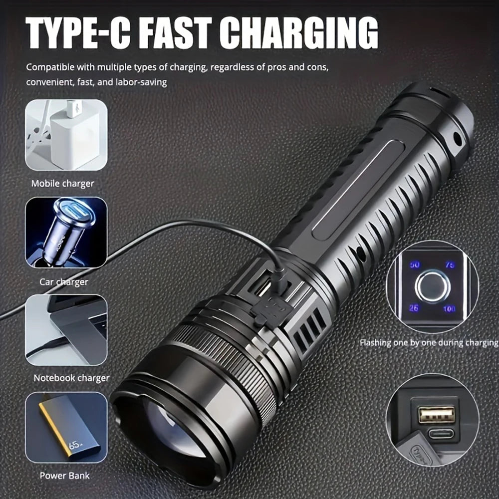 High Power LED Flashlight Super Bright LED Spotlight Long Range Torch Emergency Outdoor With 5 Lighting Modes Zoomable