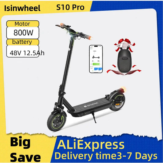 Isinwheel S10 Pro Foldable Electric Scooter 48V 12.5Ah Battery 10 Inch Pneumatic Tires Adult City E-scooter