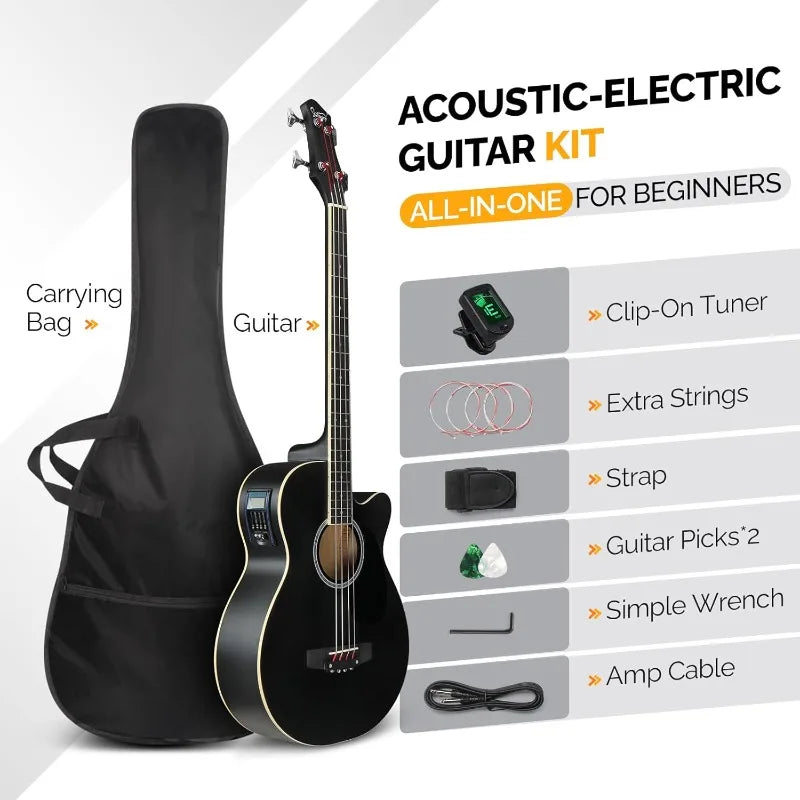 GLARRY Full Size Acoustic Electric Bass Guitar Beginner Kit,Cutaway 4 String Electric Acoustic Bass Guitar w/Inbuilt Tuner,Black