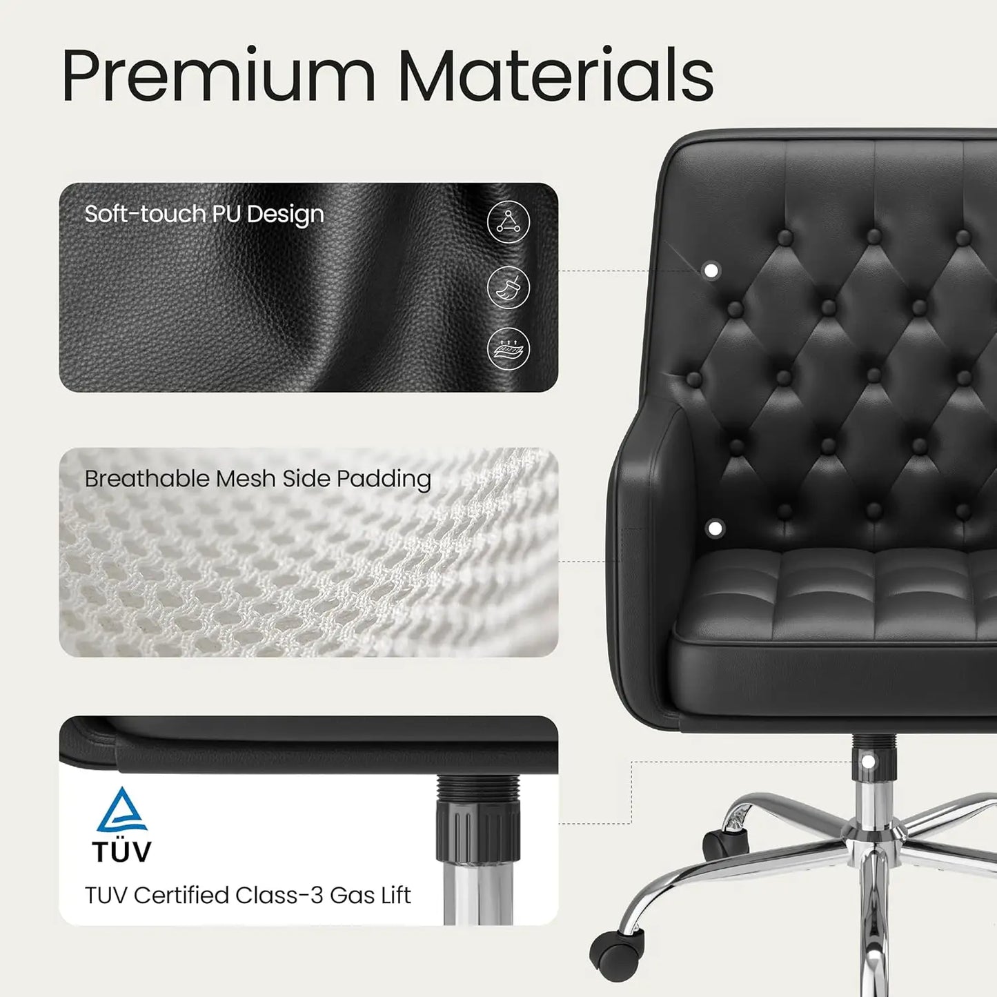 Home Desk Chair with Armrest,Leather Swivel Office Chair Adjustment Height with Wheels,Comfortable Padded Seat,Black