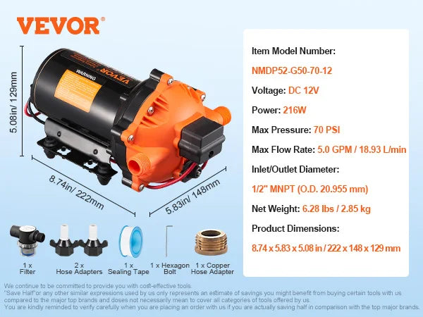 VEVOR 12V Diaphragm Pump 1.8/3/3.5/5 GPM 3/4/5-Chamber 40-100 PSI Adjustable 1/2'' MNPT Port for RV Yacht Food Truck Camper