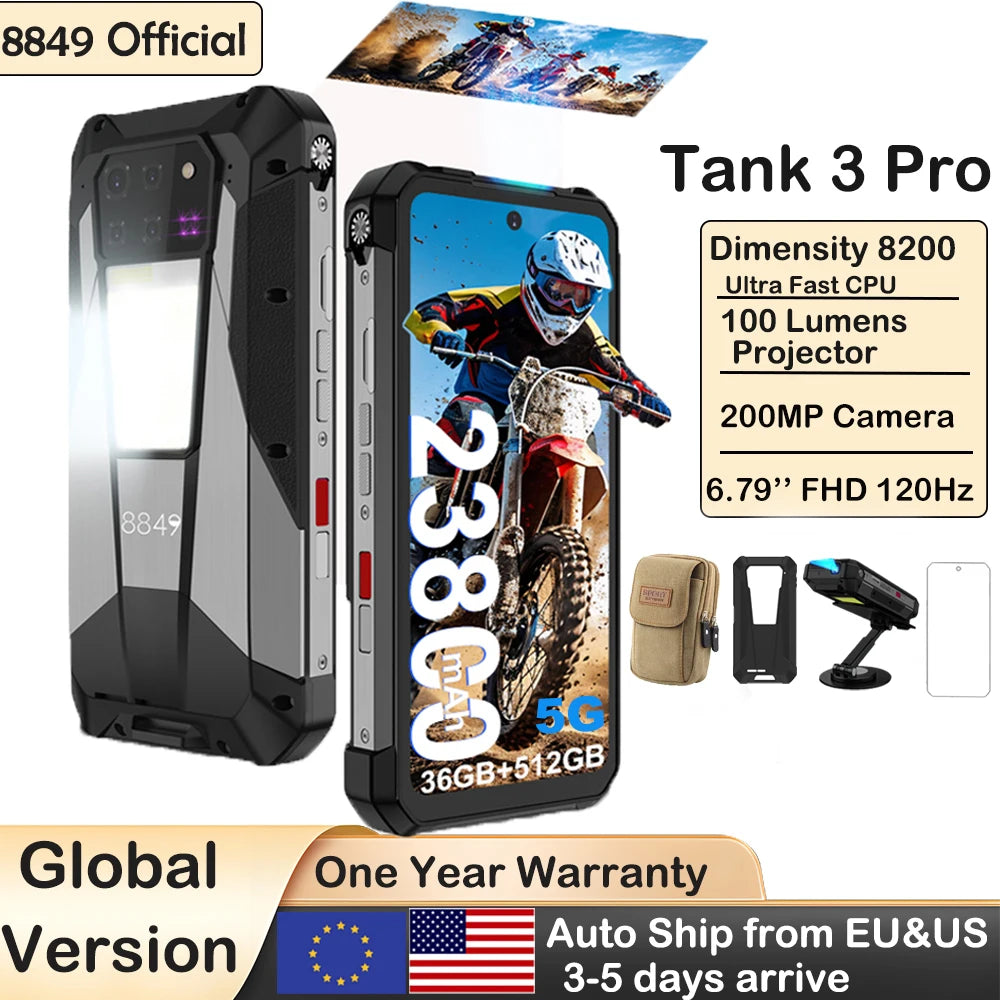 8849 Tank 3 Pro Unihertz Rugged Projector Smartphone 23800mAh 5G Android14 Outdoor Phone 512GB+36GB 120W Fast Charging Dual Sim