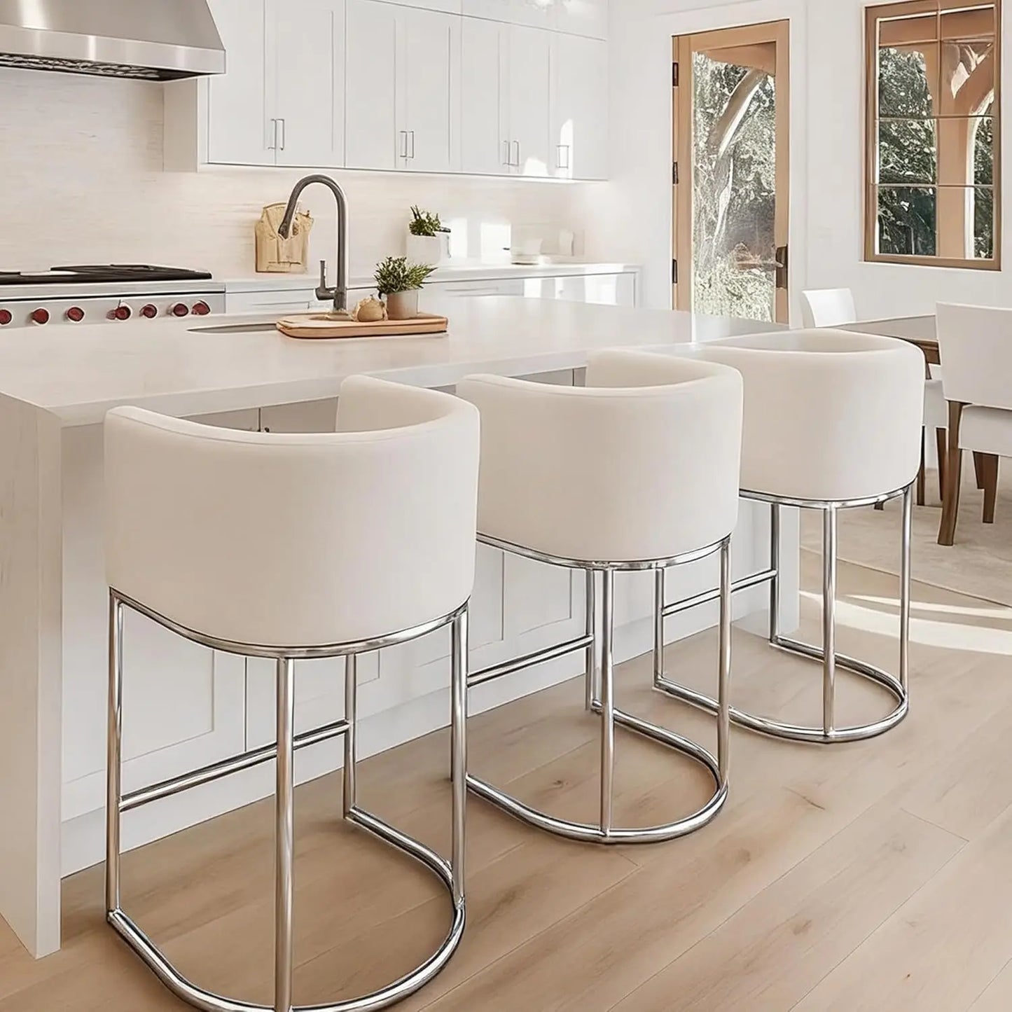 Modern Counter Height Linen Fabric Upholstered Counter Stools Set of 3, 24 Inch Kitchen Island Stool with Black, Customized