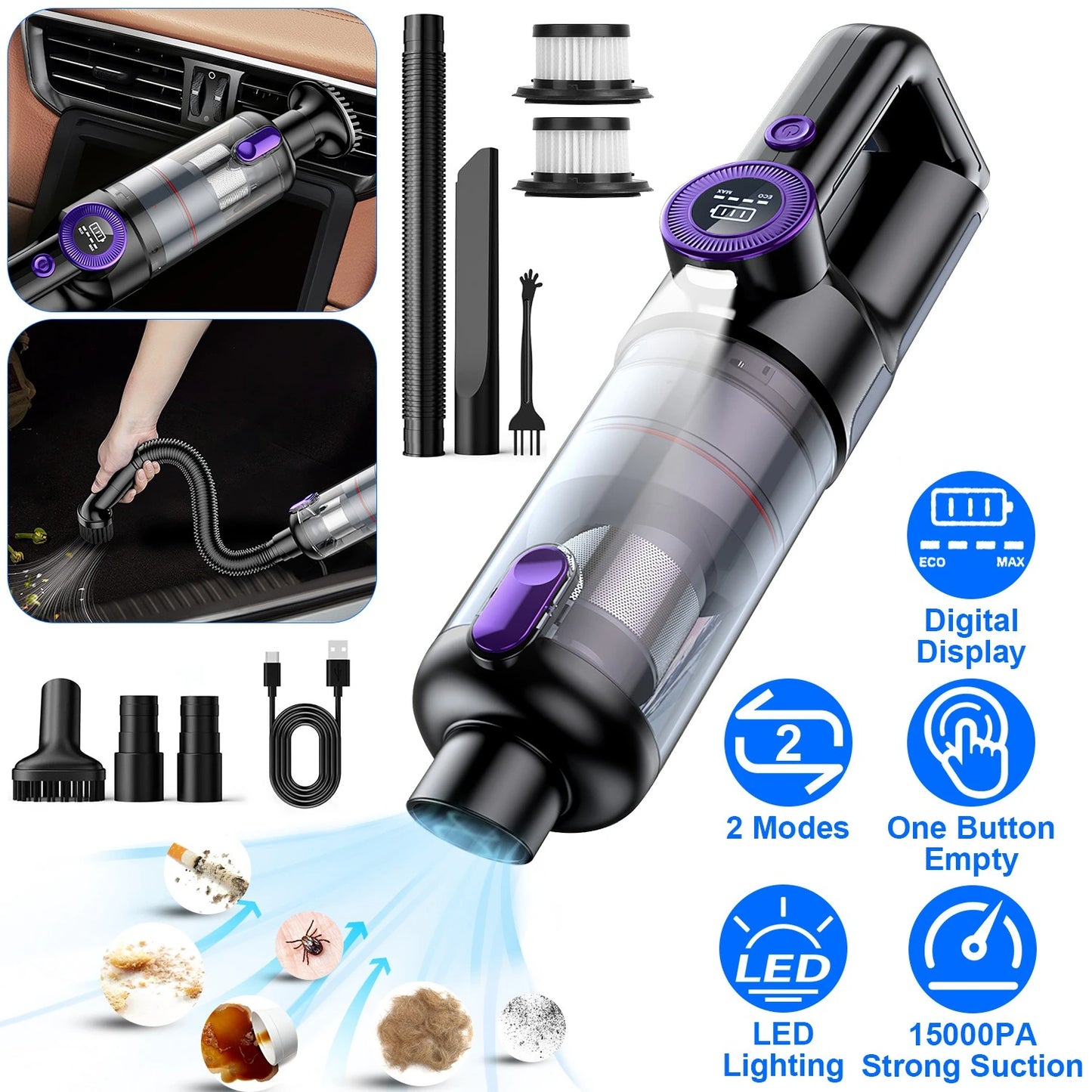 15000PA Handheld Vacuums Rechargeable LCD Display Multifunctional Low Noise High Power Cordless Car Vacuum Cleaner