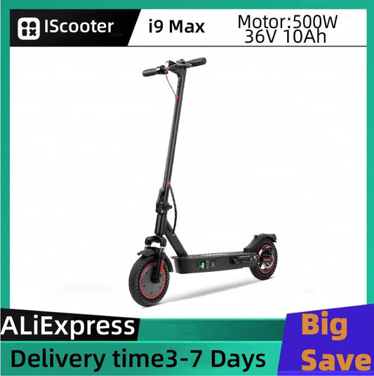Iscooter I9 Max Adult Electric Scooter 500W Motor 36V 10Ah Battery Foldable Electric Scooter 10 Inch Tires City Electric Scooter