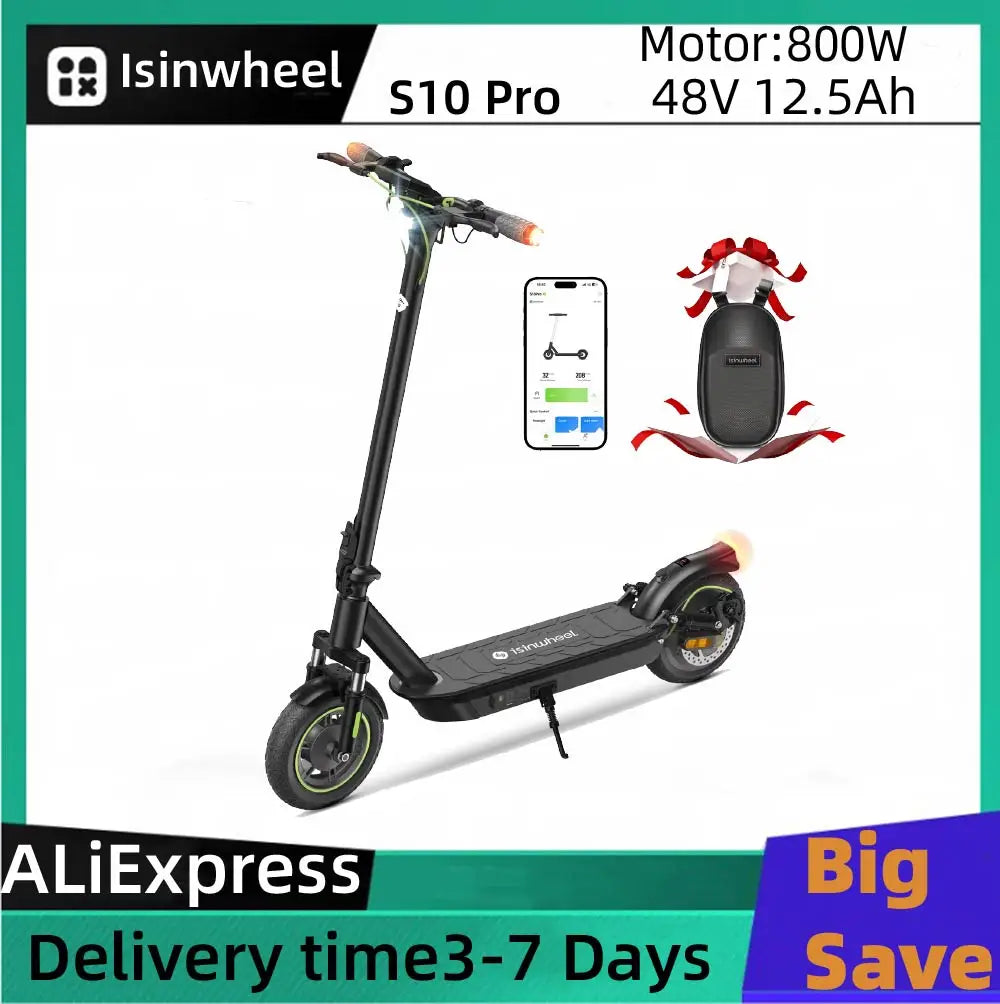 Isinwheel S10 Pro Foldable Electric Scooter 48V 12.5Ah Battery 10 Inch Pneumatic Tires Adult City E-scooter