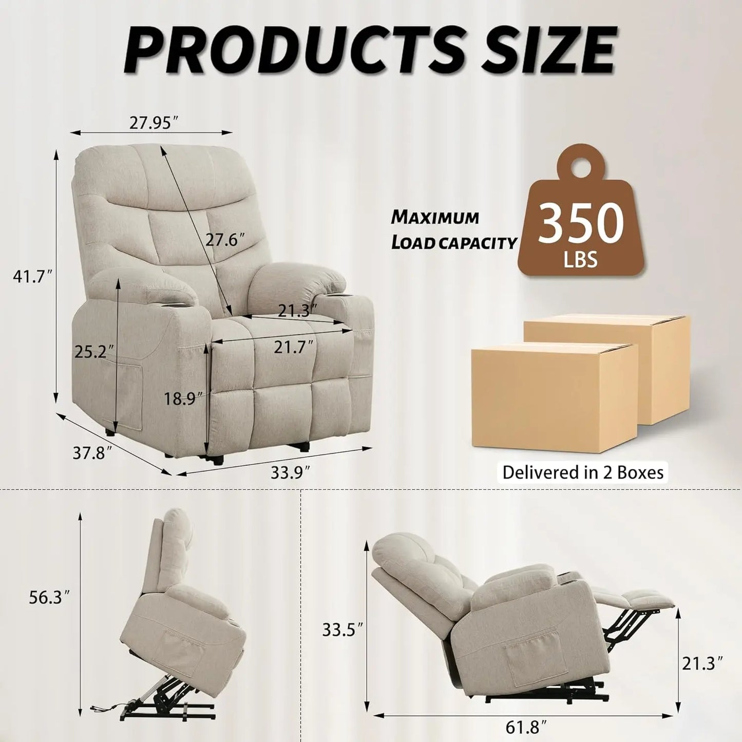 Power Lift Recliner Chair for Elderly and Adults, Electric Recliner with Remote Control and Cup Holders for Living Room