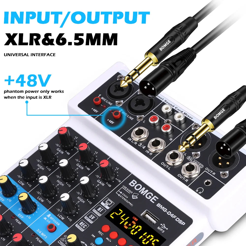 BBOMGE 4 Channel 24 DSP DJ Audio Sound Mixer Interface Mixing Console Desktop Karaoke with MP3 Input USB Bluetooth Input Stereo