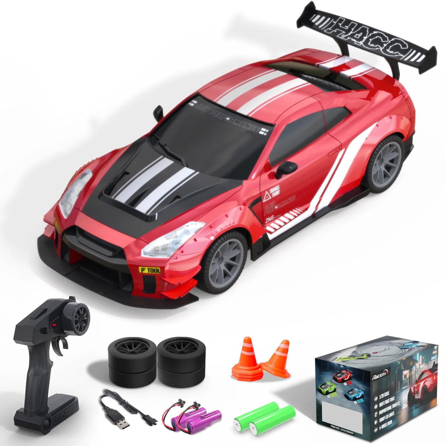 RACENT RC Drift Car High Speed Remote Control Car 4WD RC Cars with LED Light, 2 Batteries Racing and Drifting Wheels Toy for Boy