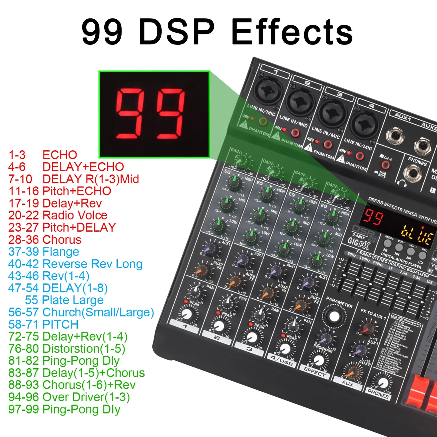 Lomeho 6 Channel Mixing Console Mono 99 Digital Effect USB Sound Card dj Mixer Bluetooth 48V 2 AUX Dj Karaoke Audio Table AM-GT6