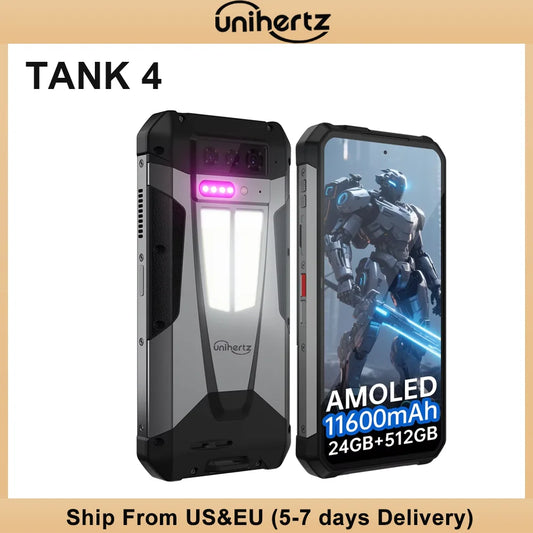 Unihertz by 8849 Tank 4 5G Rugged Phone Built-in 720P Projector 24+512GB 11600mAh Dimensity 7300 120Hz 6.78'' AMOLED Screen