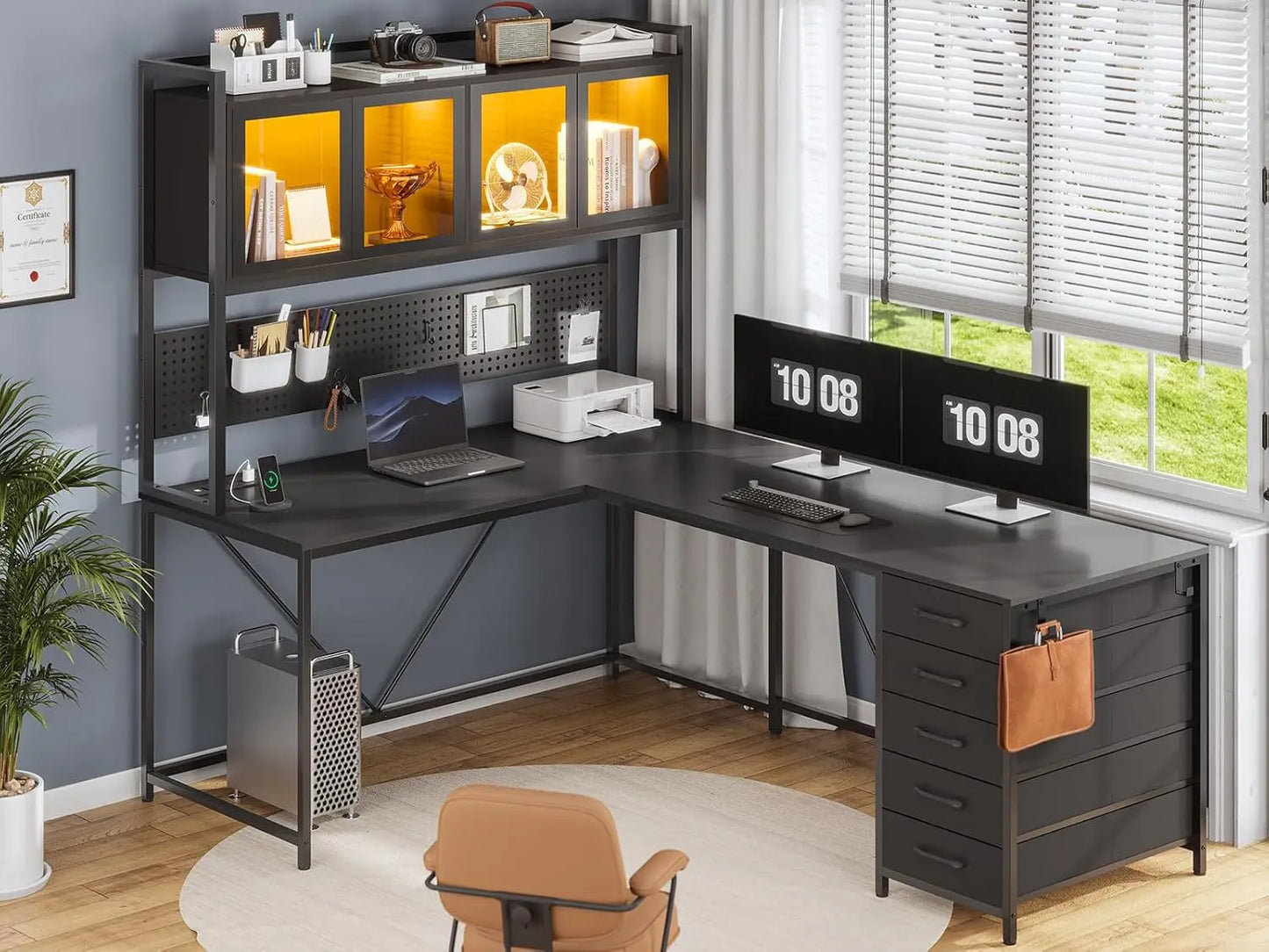 L Shaped Gaming Desk with Drawers, L Shaped Computer Desk with Hutch and Storage Shelves, Gaming Desk with Pegboard, Led Lights,